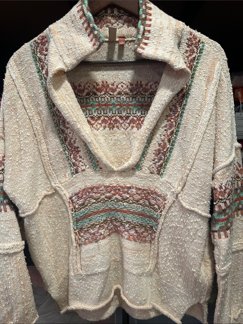 Pilcro Cream Cowl-Neck Sweater with Teal & Rust Stripes beachy poncho